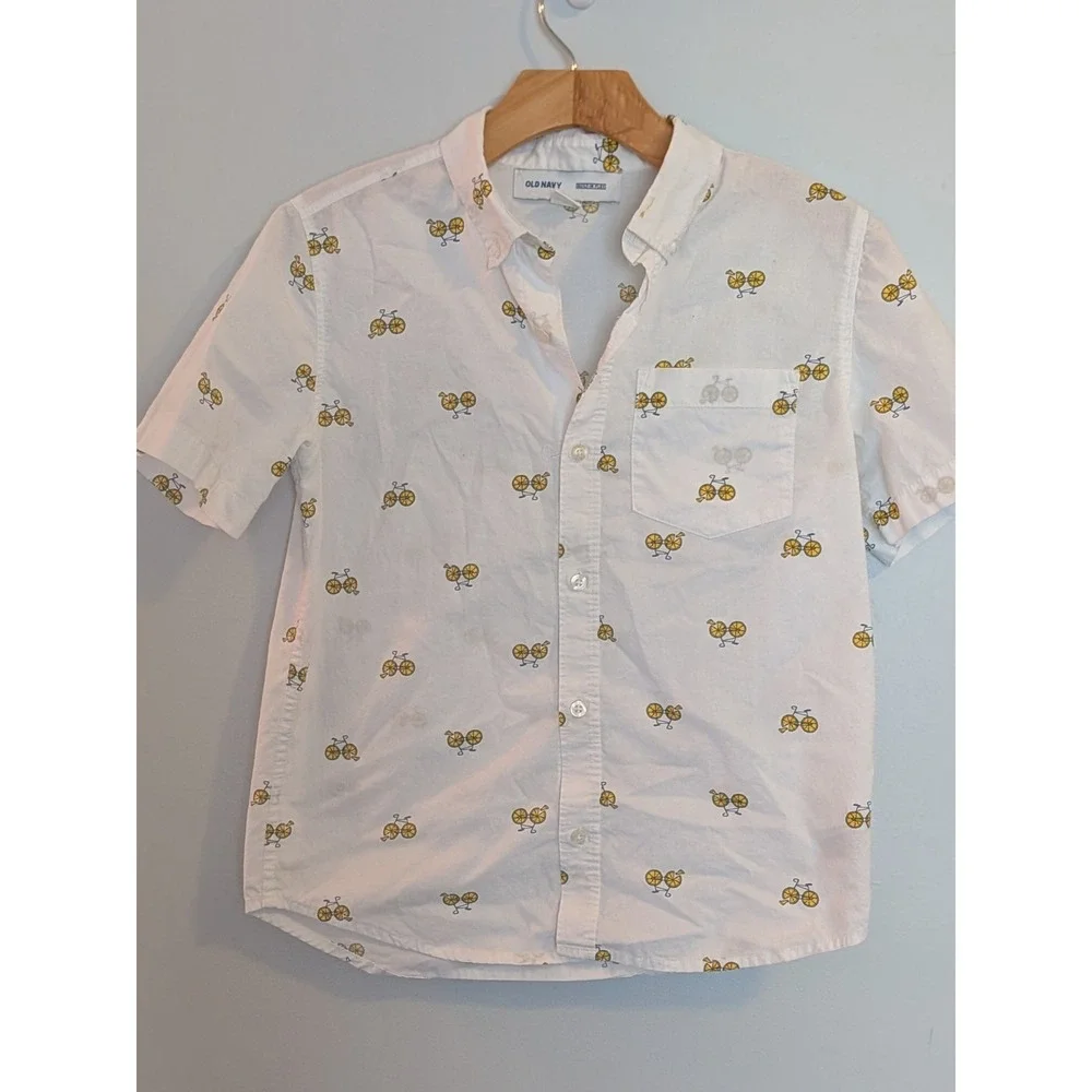 Old Navy Boys White Pizza Bicycle Print Short Sleeve Button Down Shirt L 10-12